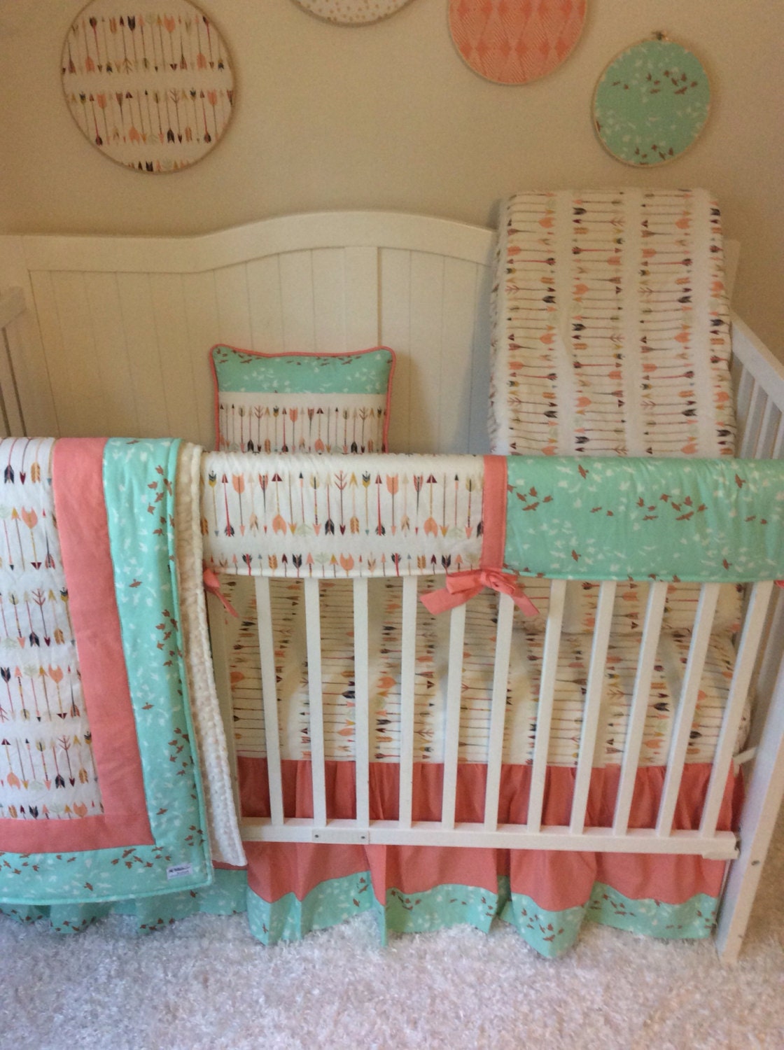 Baby Girl Crib Bedding Set Coral and Mint Birds and Arrows Etsy