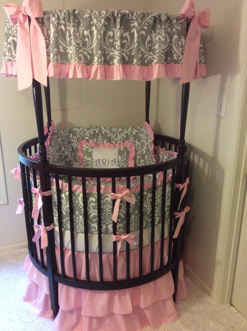 Baby Girl Round Crib Bedding Ruffled in Pink Gray and White Etsy