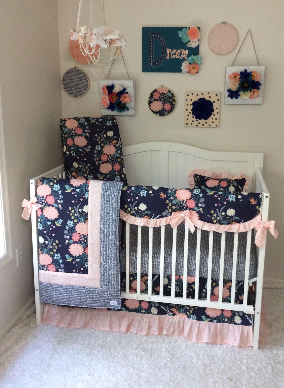 Baby Bedding Crib Set Blush Pink Coral Navy Teal Yellow Floral Etsy