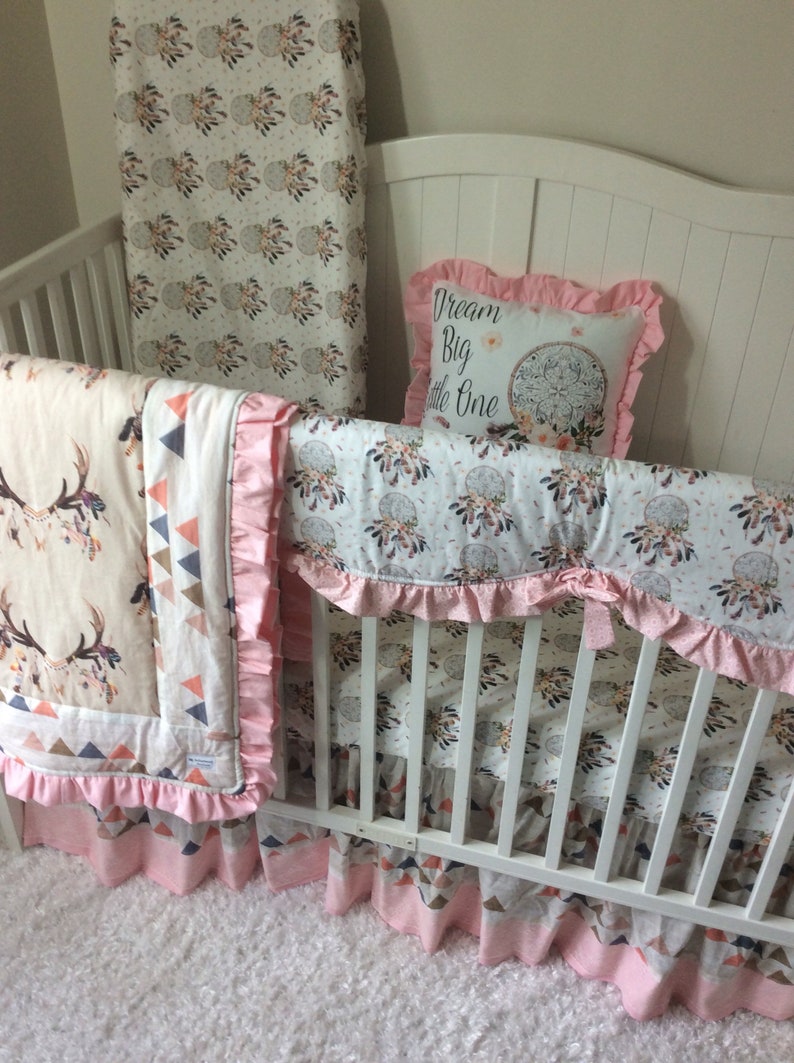 Baby Girl Crib Bedding Tan Pink Coral Blue Boho Dreamcatcher Etsy