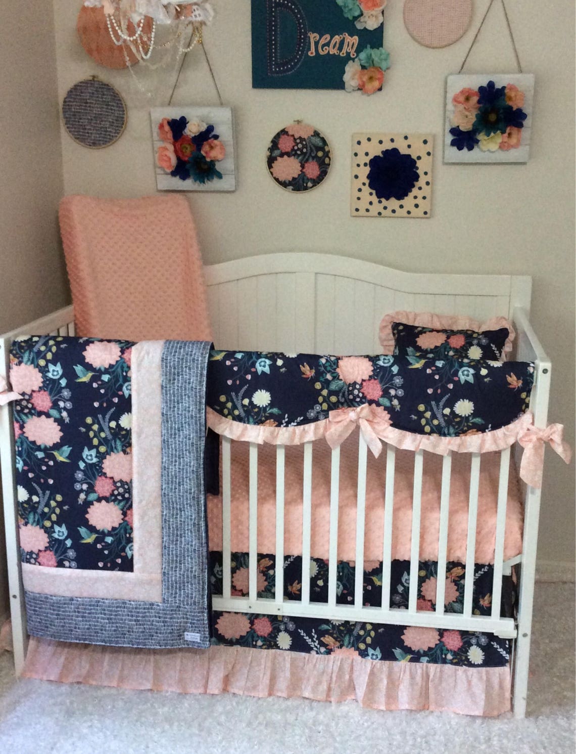 Baby Bedding Crib Set Blush Pink Coral Navy Teal Yellow Floral Etsy