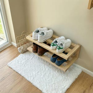 2-Tier Wall Mounted Shoe Rack - Solid Wood Floating Shelf - Minimalist Entryway Organizer - Handmade Double Shoe Storage Shelf