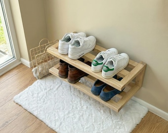 2-Tier Wall Mounted Shoe Rack - Solid Wood Floating Shelf - Minimalist Entryway Organizer - Handmade Double Shoe Storage Shelf