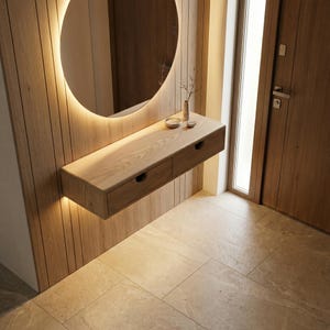 Consola flotante de lujo en fresno macizo: mueble de entrada de diseño moderno, montado en la pared, con cajones de almacenamiento.