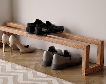 Wooden Shoe Rack Minimalist Entryway Shoe Organizer Modern Low Shoe Shelf Floor Shoe Storage Handmade Wood Bench Rack