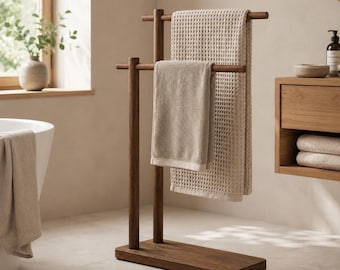 Freestanding Wooden Towel Rack for Bathroom, 2-Tier Towel Stand, Dark Wood Towel Holder, Minimalist Bath Towel Organizer, Spa Style Decor