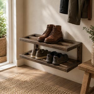 May include: A two-tiered, dark wood shoe rack mounted on a wall. The top shelf holds a pair of brown leather boots, while the bottom shelf displays two pairs of sneakers. The rack is empty, ready for use.