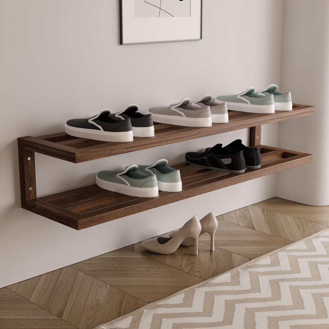 Rustic Floating Shoe Rack – 2-tier Wooden Wall-mounted Shelf for ...