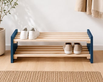 Zapatero azul marino, organizador de madera para recibidor, estante de zapatos de dos niveles estilo costero para pasillo.