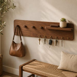 Wooden Wall Coat Rack with Shelf, Entryway Key Holder, Hallway Organizer, Bag Hooks, Mudroom Wall Storage