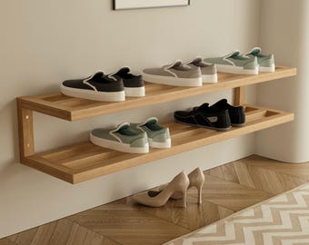 Two Tier Wooden Shoe Shelf, Floating Wall Mounted Shoe Rack, Minimalist Entryway Storage, Modern Wood Shoe Organizer for Yulia