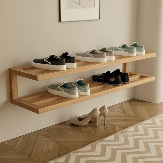 Two Tier Wooden Shoe Shelf, Floating Wall Mounted Shoe Rack, Minimalist Entryway Storage, Modern Wood Shoe Organizer, Space Saving Shelf