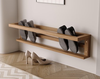 View of Minimalist Oak Wooden Wall-mounted Shoe Rack - Modern Space-saving Shoe ...