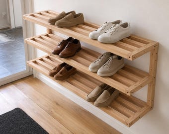 Wall Mounted Three Tier Shoe Rack, Solid Ash Entryway Storage in Custom Widths