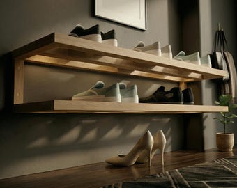 Skohylla i trä för entré, skoförvaringshylla i två nivåer, modern minimalistisk skoorganisatör, rustik skoställning för hallen