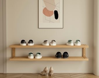 Zapatero de madera de dos niveles, organizador de pared para recibidor, moderno organizador de madera