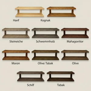 May include: A collection of wooden, two-tiered shelves in various colors, including light brown, dark brown, and gray. Each shelf has a rectangular shape with a lower and upper level. The names of the colors are written below each shelf.