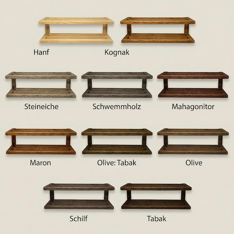 May include: A collection of wooden, two-tiered shelves in various colors, including light brown, dark brown, and gray. Each shelf has a rectangular shape with a lower and upper level. The names of the colors are written below each shelf.