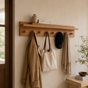 May include: A wooden wall-mounted coat rack with a shelf, pegs, and items hanging from it. A tan trench coat, a white tote bag, a black cap, and a beige scarf are hanging from the pegs. A vase and books sit on the shelf.