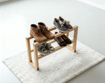 Modern Wooden Shoe Rack – 2-Tier Solid Ash Organizer – Custom Size Entryway Shoe Shelf Bench – Minimalist Storage