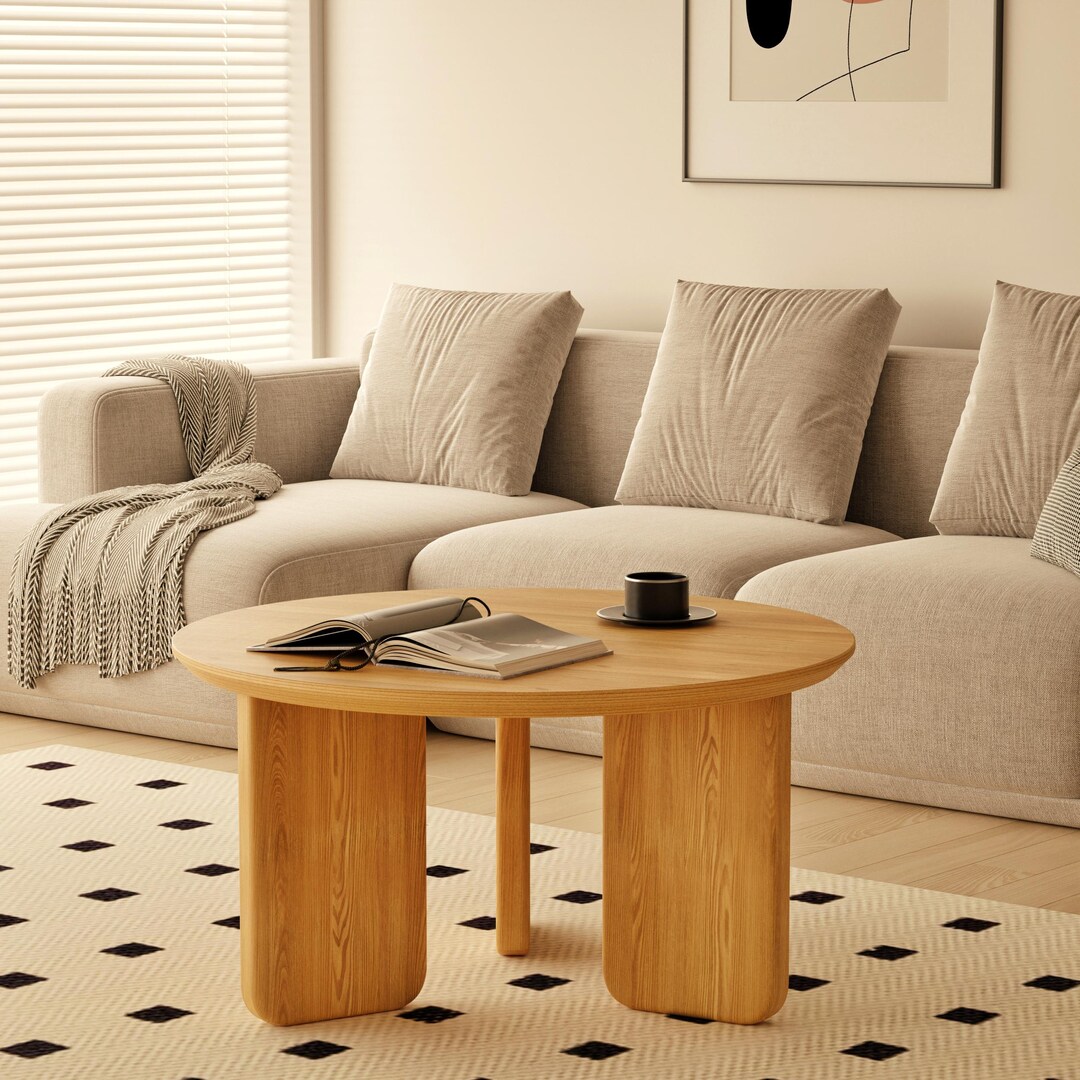 View of Round Coffee Table – Minimalist Handmade Ash Wood, Modern Scandinavian ...