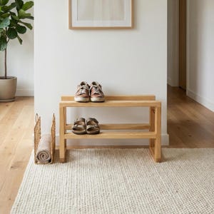 Banc à chaussures en bois, banc de rangement dans l'entrée, étagère à chaussures minimaliste, organisateur de couloir fait main, meubles en bois modernes