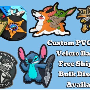 May include: A collection of custom PVC patches with Velcro backing. The patches feature various designs, including a shark, a star, a corgi with a baby Yoda, an eagle, and the character Stitch. Text on the patches includes "FBI", "SWAT", and "Saint Michael".