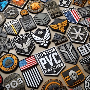 Op de afbeelding: Een verzameling op maat gemaakte PVC-patches in verschillende vormen en ontwerpen. Patches bevatten een Amerikaanse vlag, een adelaar en de tekst "CUSTOM PVC PATCHES". De patches zijn in zwart, wit, grijs, geel en blauw.