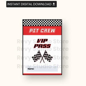 Pit Crew VIP-passen: raceauto / F1 verjaardagsfeestje digitale kaart/tag downloaden