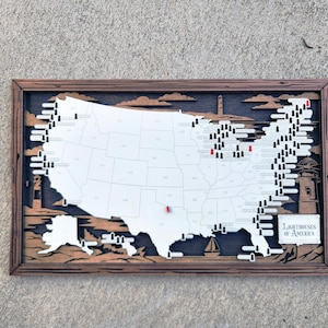 Rastreador de faros de EE. UU. personalizado, marcador de faros nacionales, letrero de mapa para viajeros, madera natural multicapa, mapa de faros nacionales personalizado