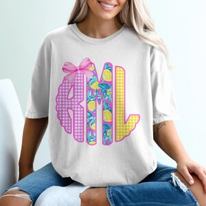 Comfort Colors Monogram T-Shirt, Floral Lemon Pattern Tee, Pink Bow Shirt, Custom Initial Shirt, Trendy Letter T Shirt, Womens T Shirt