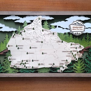 Aangepast bord met reiskaart Canadese nationale parken, meerlaags bord van natuurlijk hout, reiskaart nationale parken Canada, gepersonaliseerde trackerkaart