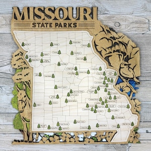 Missouri custom State Park reiskaart bord, meerlaags natuurlijk houten bord, Missouri State Parks reiskaart, gepersonaliseerde trackerkaart