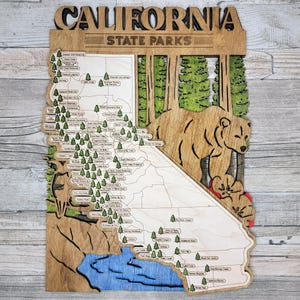 Aangepast bord met reiskaart California State Park, meerlaags bord van natuurlijk hout, reiskaart California State Parks, gepersonaliseerde trackerkaart