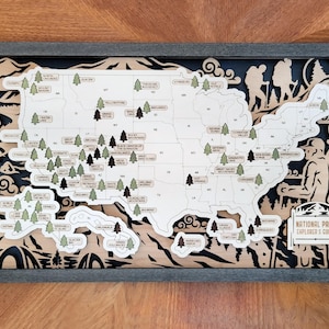 Rastreador de parques nacionales de EE. UU. personalizado, marcador de parques nacionales, letrero de mapa para viajeros, madera natural de 2 capas, mapa de seguimiento de parques nacionales personalizado