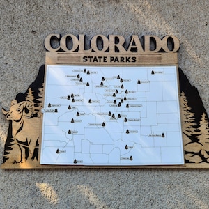 14 in Colorado State Park reiskaart bord meerlaags bord natuurlijk hout, kaart staatsparken Colorado, kaart parktracker