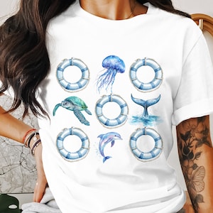 Watercolor Ocean Life Digital Download PNG, Sublimation Design, Sea Animals, Turtle, Dolphin, Jellyfish, Whale Tail, Life Preserver Rings