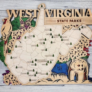 Aangepaste reiskaart staatspark West Virginia, meerlaags bord natuurlijk hout, kaart staatsparken West Virginia, gepersonaliseerde trackerkaart