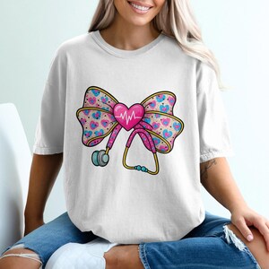 Comfort Colors Nurse T-Shirt, Stethoscope Tee, Leopard Print Bow, Heartbeat Design, Medical Shirt, Nursing School Gift, Healthcare Apparel