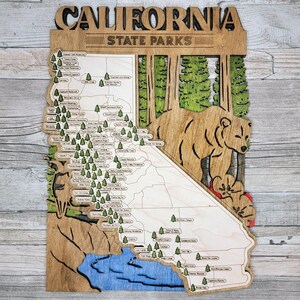 Aangepast bord met reiskaart California State Park, meerlaags bord van natuurlijk hout, reiskaart California State Parks, gepersonaliseerde trackerkaart