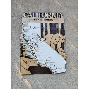 14 in California State Park reiskaartbord, meerlaags bord van natuurlijk hout, reiskaart California State Parks, trackerkaart