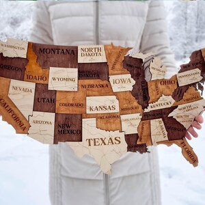 Mapa de viaje de EE. UU. en 3D, multicapa, madera natural, Estados Unidos de América