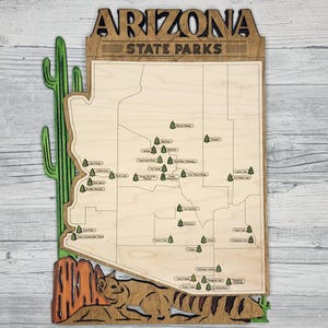 Aangepaste reiskaart staatspark Arizona, meerlaags bord van natuurlijk hout, reiskaart staatsparken Arizona, gepersonaliseerde trackerkaart Arizona