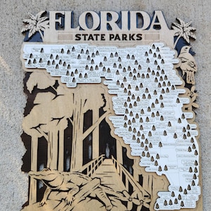 14 in Florida State Park reiskaartbord, meerlaags bord van natuurlijk hout, reiskaart staatsparken Florida, Florida-trackerkaart
