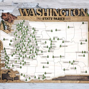 Washington State Custom State Park Reisekarte Zeichen mehrschichtige Naturholzschild Washington State Parks Karte, personalisierte Tracker Map