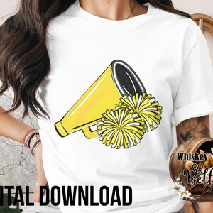 Cheerleader PNG, Digital Download, Yellow Megaphone Pom Poms, Sublimation Design, Cheer Team Graphic, Sport Spirit Clipart, School Pride