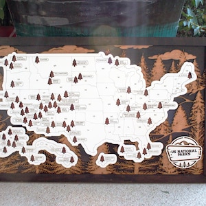 Rastreador de parques nacionales de EE. UU. personalizado, marcador de parques nacionales, letrero de mapa para viajeros, madera natural de 3 capas, mapa de seguimiento de parques nacionales personalizado