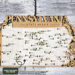 Panneau en bois naturel de carte de voyage de parc d'état personnalisé de Pennsylvanie, carte de voyage de parcs d'état de Pennsylvanie, carte personnalisée de traqueur de Pennsylvanie