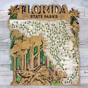 Aangepast bord met reiskaart staatspark Florida, meerlaags bord van natuurlijk hout, reiskaart staatsparken Florida, gepersonaliseerde trackerkaart van Florida