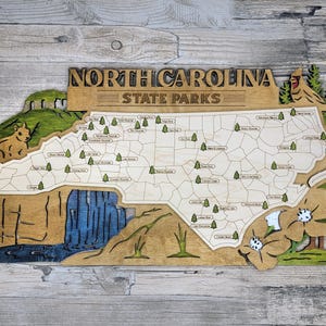 North Carolina Custom State Park Travel Map Sign meerlaags bord natuurlijk hout, kaart staatsparken North Carolina, gepersonaliseerde trackerkaart